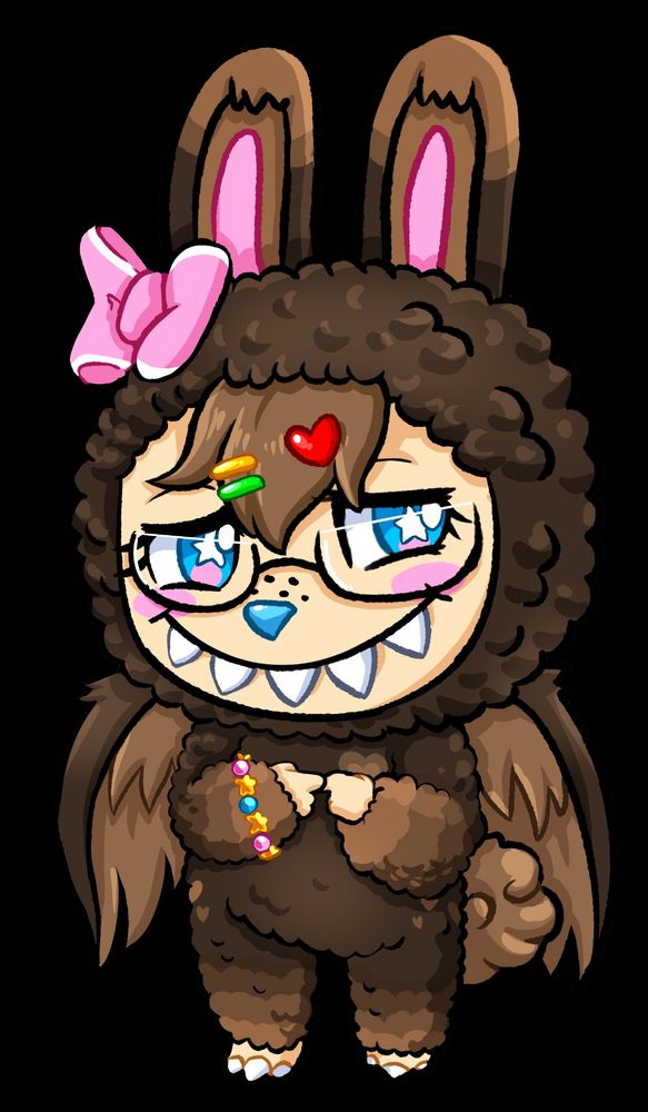 Drawing of a brown furred Labubu with wings and glasses. They have multiple accessories such as brown bangs with three clips on them: a green oval, a yellow oval and a red heart. They also wear a pink ribbon on their left ear and a bracelet with pink and blue circle beads and yellow star beads.