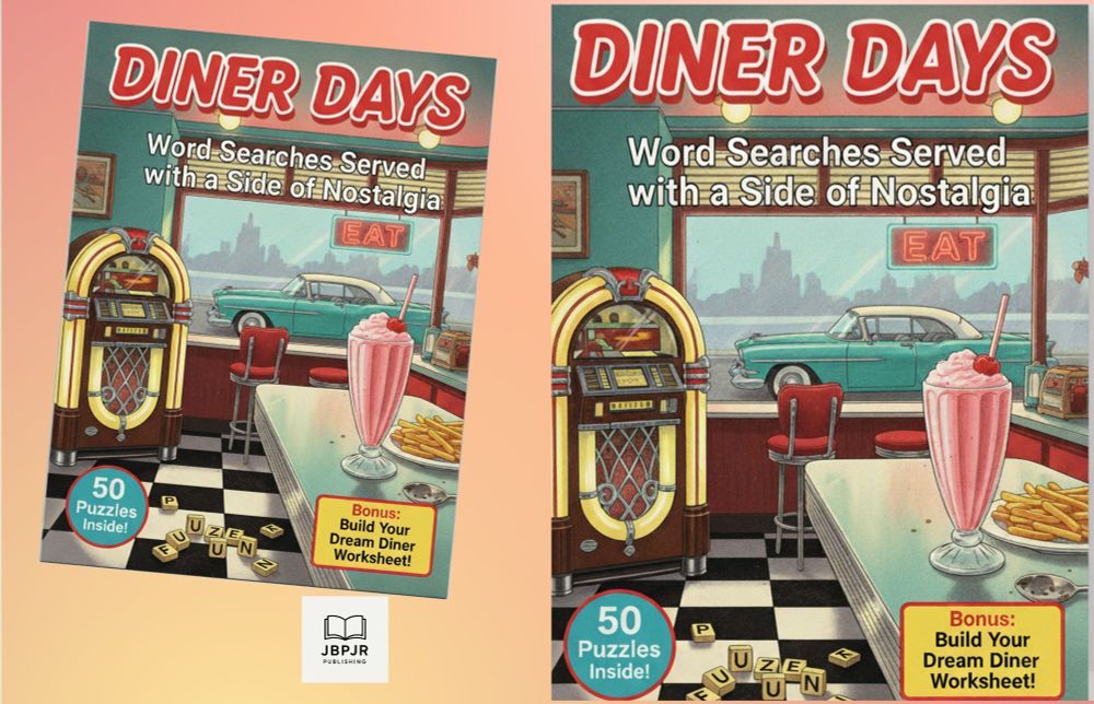  Book cover of Diner Days: Word Searches Served with a Side of Nostalgia, showing a retro diner with a jukebox, milkshake, and teal vintage car.