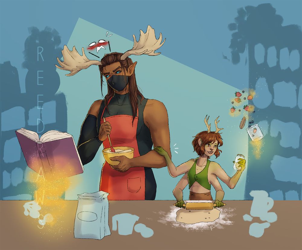 Two people baking. One is a tall man with moose antlers, stirring batter. The other is a small woman with four arms, rolling out dough and looking at ingredients.