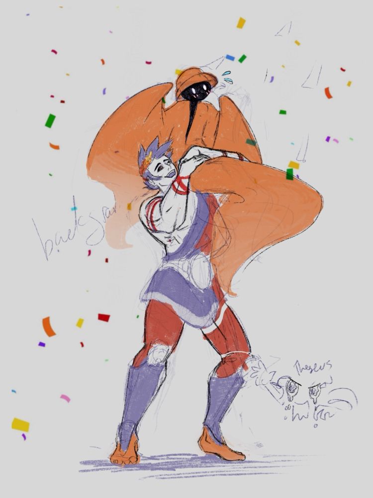 Zagreus holding up the good shade on his shoulder in celebration. Theseus cries out in despair after his loss.