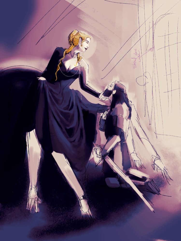 A more refined version of the previous image, featuring a drider lifting the chin of a kneeling knight.