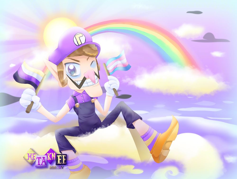 Walugi sits on a cloud high up in the sky, holding a nonbinary flag in one hand and a transgender flag in the other, winking at you, in front of a purple sky with black and light yellow clouds, the sun in the top left corner and a pastel rainbow in front of it