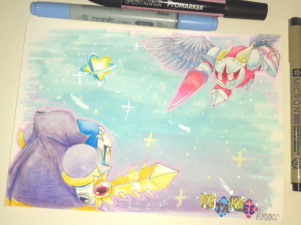 Meta and Galacta Knight are about to fight each other in front of a starry pastel sky
