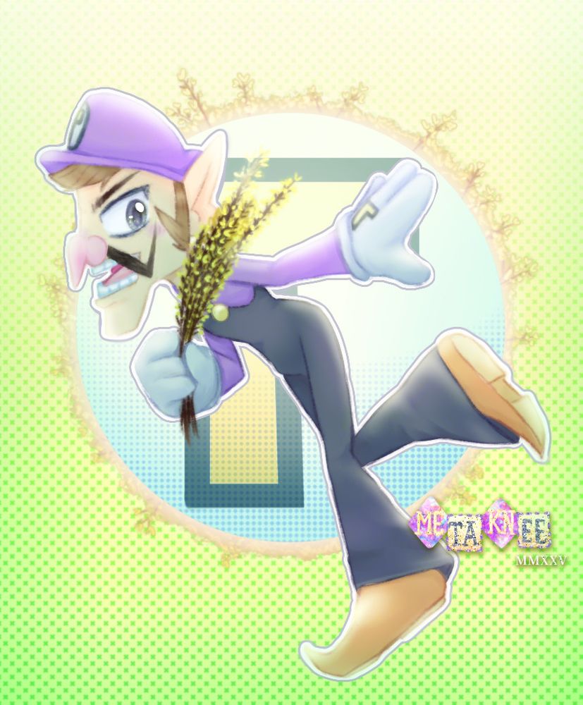 Waluigi holding a forsythia branch and posing in front of his emblem which is surrounded by more forsythia flowers on a dotted green background