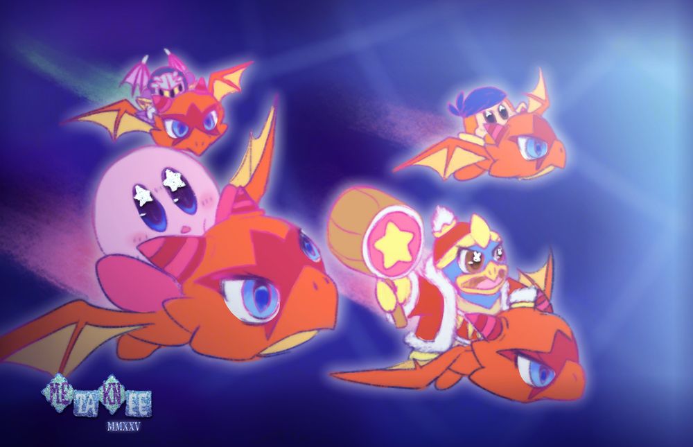 Kirby, Meta Knight, Dedede and Bandana Dee flying through Another Dimension on Landia heads