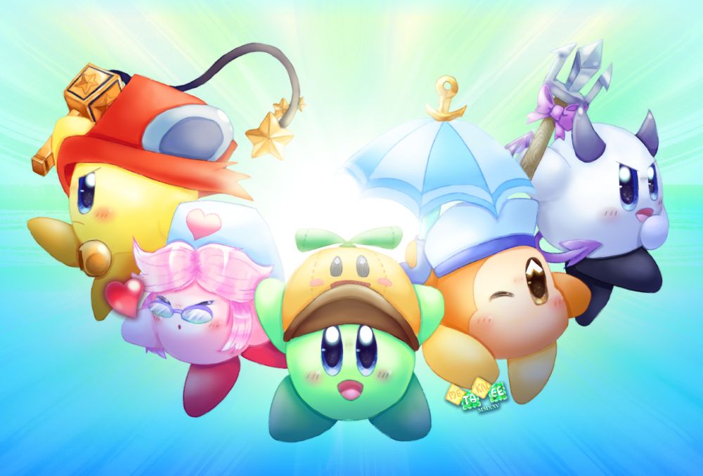 Alternate costumes for Whip, Doctor, Bomb, Waddle Dee and Spear (left to right) from Kirby Battle Royale