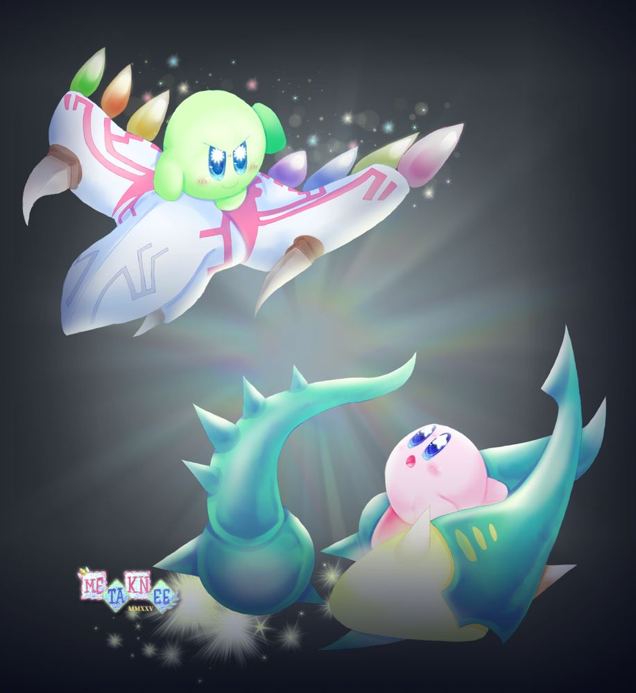 Kirby, riding the Hydra from Kirby Air Ride, is shocked to see a smirking Green Kirby build the Dragoon, in the black void where Legendary Air Ride Machines get built.