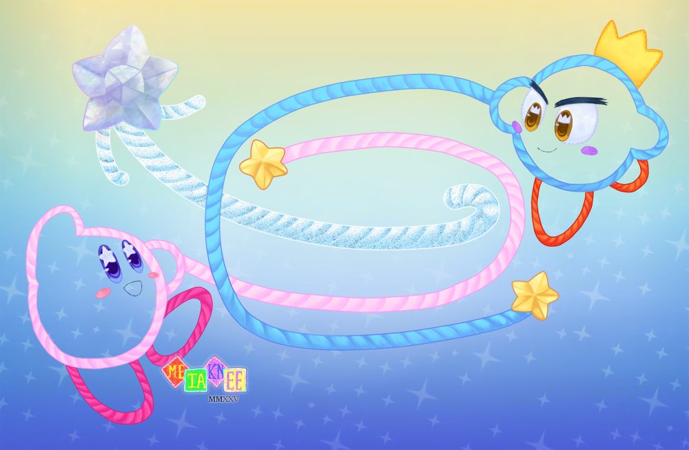 Kirby and Prince Fluff swing their yarn in front of a star bead with white yarn strands coming out of it to create the transgender flag