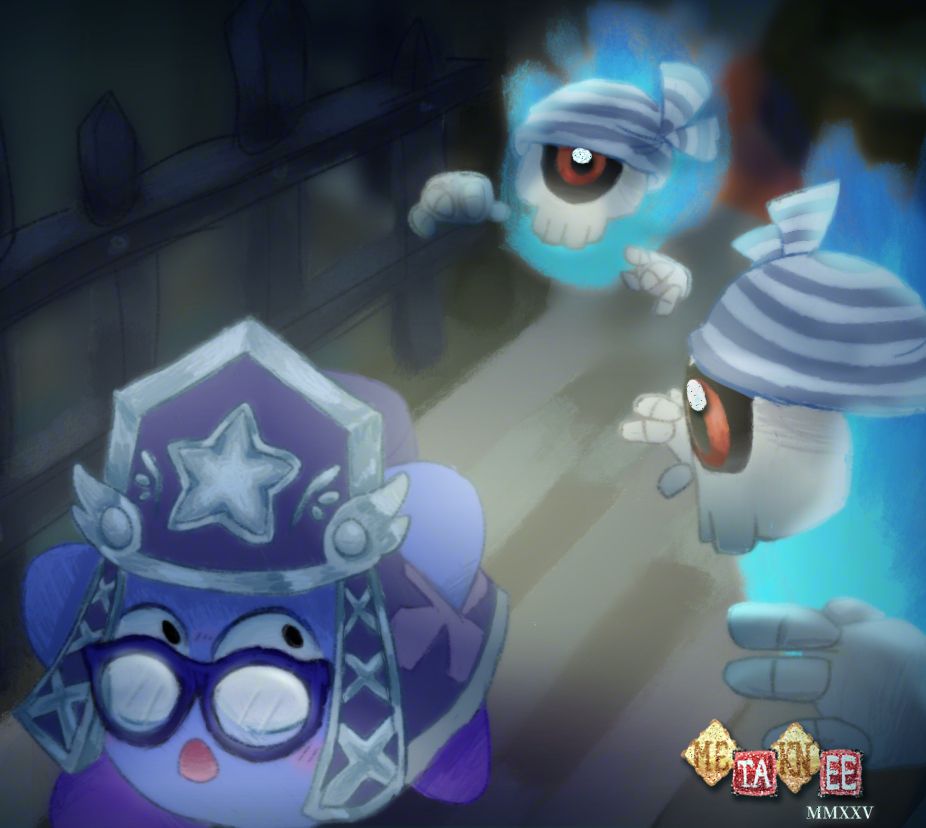 A blue Doctor Kirby wearing the Sacred Hat runs from two ghosts in a game of Coin Clash