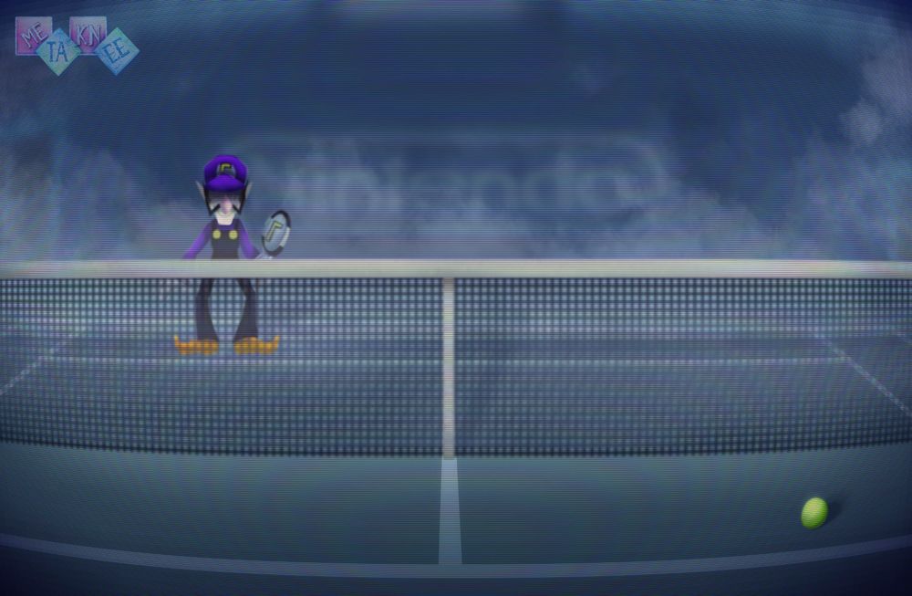 Waluigi stands on the opposite end of the Composite Court from Mario Tennis 64, ominously awaiting your move amidst heavy fog