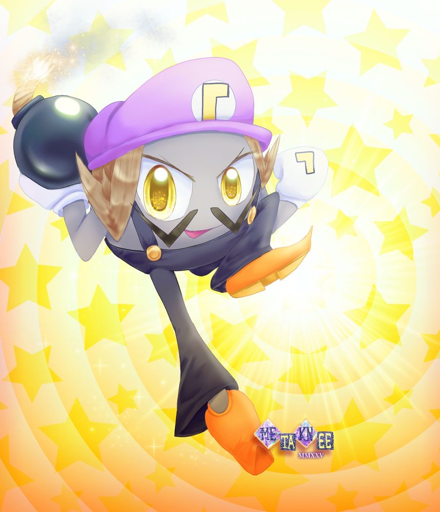 Waluigi as a grey Kirby puffball with long legs,  about to throw a lit bomb in front of a swirly yellow star backdrop