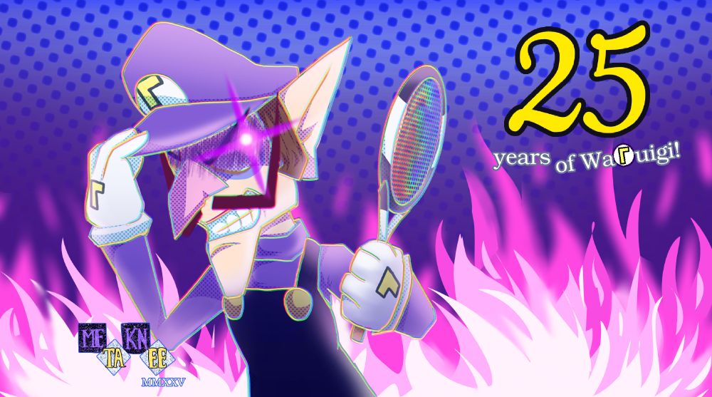 Waluigi holds his tennis racket and adjusts his hat, with a heavy shadow over his face and a purple anime laser eye effect on top of his left eye, in front of a row of magenta flames on top of an indigo blue screentone backdrop