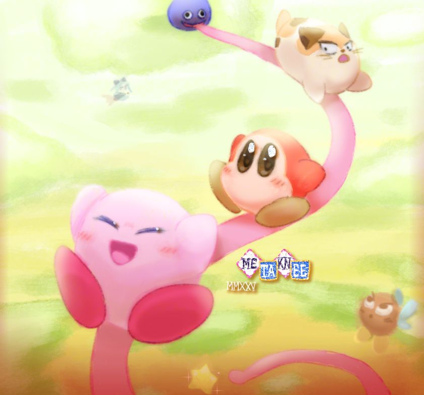 Kirby slides down Gooey's tongue to reach the Warp Star