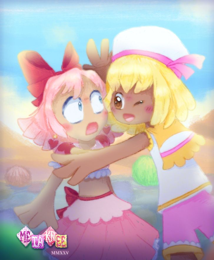 A Nyupun gijinka about to hug a Chuchu gijinka in Sandy Canyon 