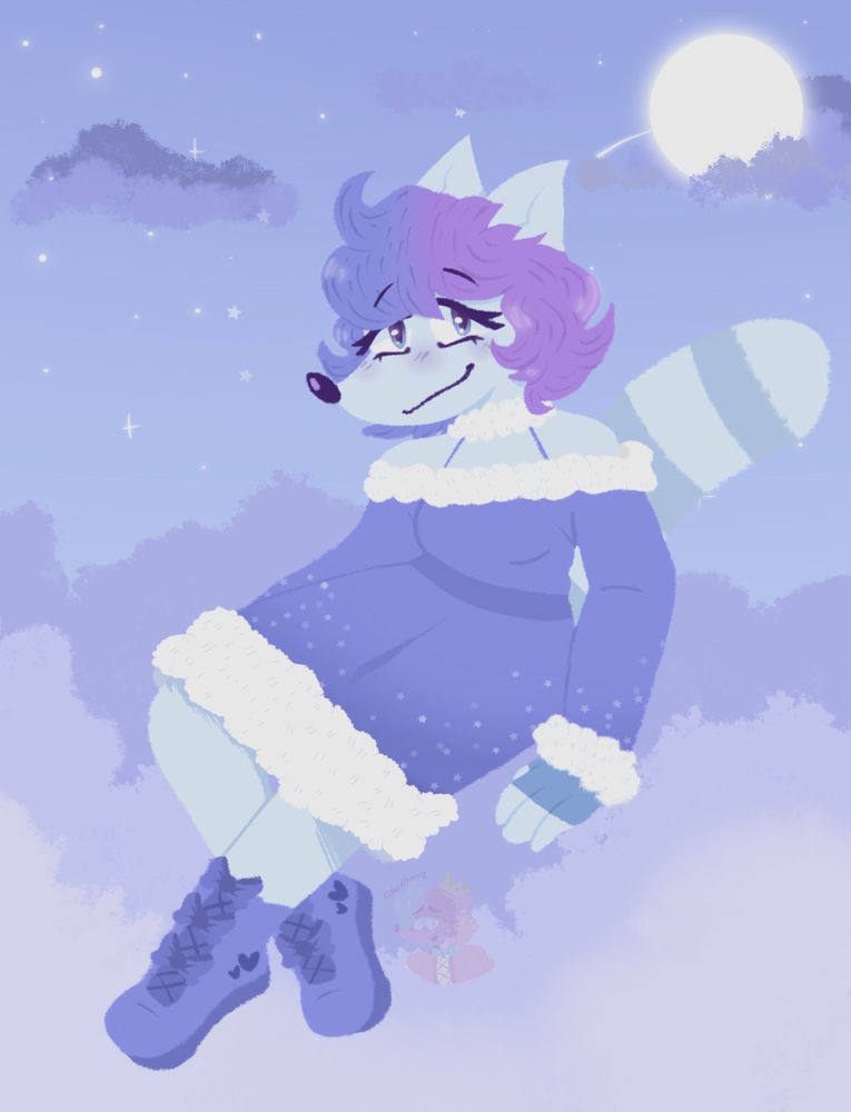 Prince sitting on top of winter clouds, with winter coming she turns to a pale blue, wears a fluffy cozy dress , gloves + boots,, and her color hair changes 