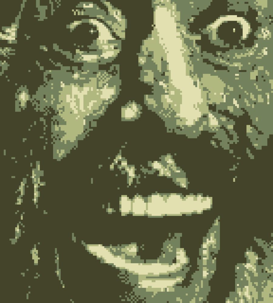 Extreme close up of the late actor Sid Haig. Rendered in a low resolution pixel art style using the palette of the original Game Boy (4 shades of green).