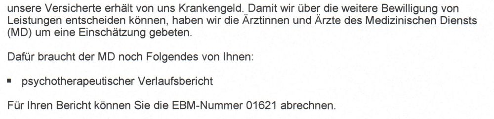 Ausschnitt eines Anschreibens einer Krankenkasse, welches für eine "psychotherapeutischen Verlaufsbericht" die Abrechnung der EBM Ziffer 01621 anbietet