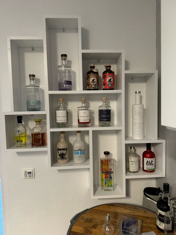 Foto eines Regal mit 12 unterschiedlichen Flaschen Gin