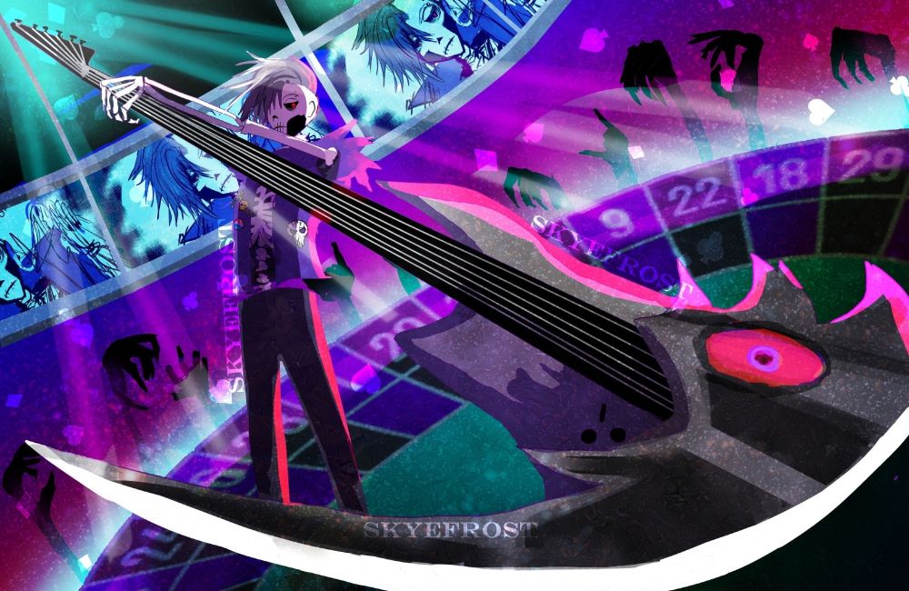 skelly man in a casino with a scythe guitar. 