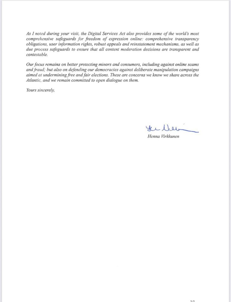 Screenshot of page 2 of Virkkunen's letter to Jim Jordan