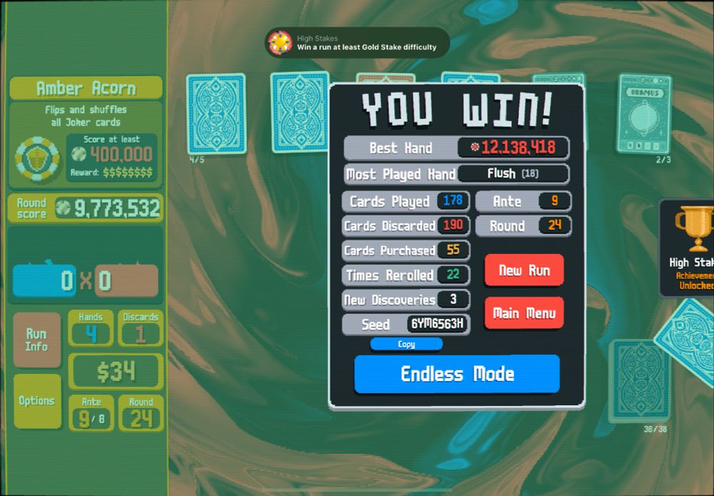 Balatro screenshot showing a gold stake win. The High Stakes achievement is visible onscreen
