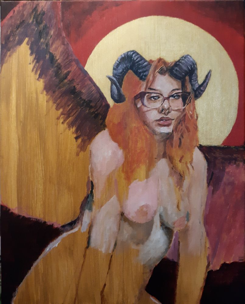 An unfinished acrylic painting of a nude demon woman with horns and wings. While the face is in a more or less finished state the rest of the painting is in various stages of completion. 