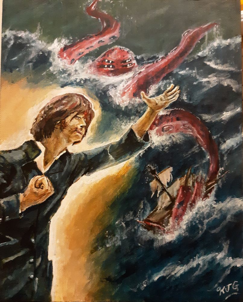 An acrylic painting of a wizard raising his hand up to cast a spell in the foreground. In the background a seascape can be seen as a kraken, obeying the wizard's commands, attacks a ship during a storm. 