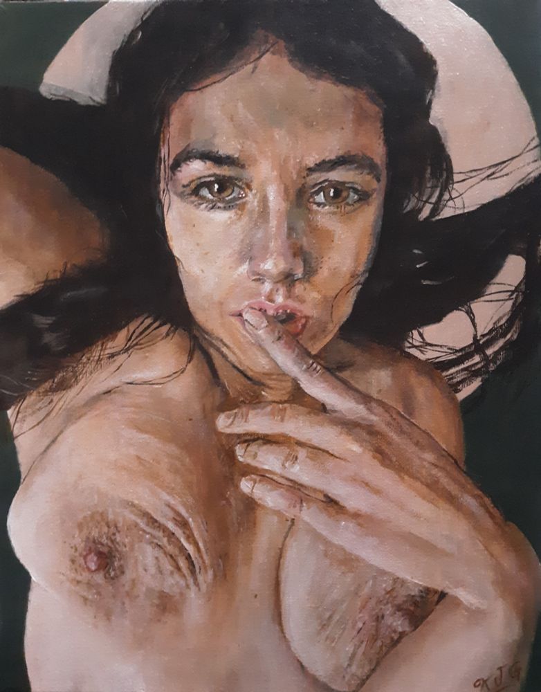 A nude portrait of a young woman lying down with a silver halo behind her head she has one hand to her face with a finger touching her lips. Her breasts have a lot of delicate wrinkles that would normally be erased or hidden on most other portraits, but the artist finds them amazing and beautiful. 