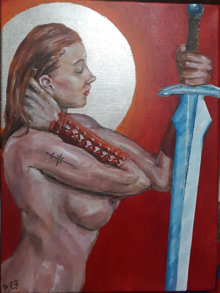 An acrylic painting of a buff nude woman holding a downward pointed sword in front of her with a silver halo behind her head.
