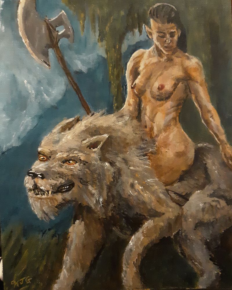 An acrylic painting of a nude warrior woman carrying a long ax and riding a massive direwolf out of the jungle.