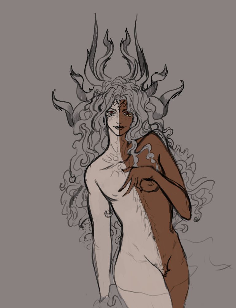 a demonic character fused down the middle with a large set of horn, one breast, four eyes, and being both combinations of light and dark skin
