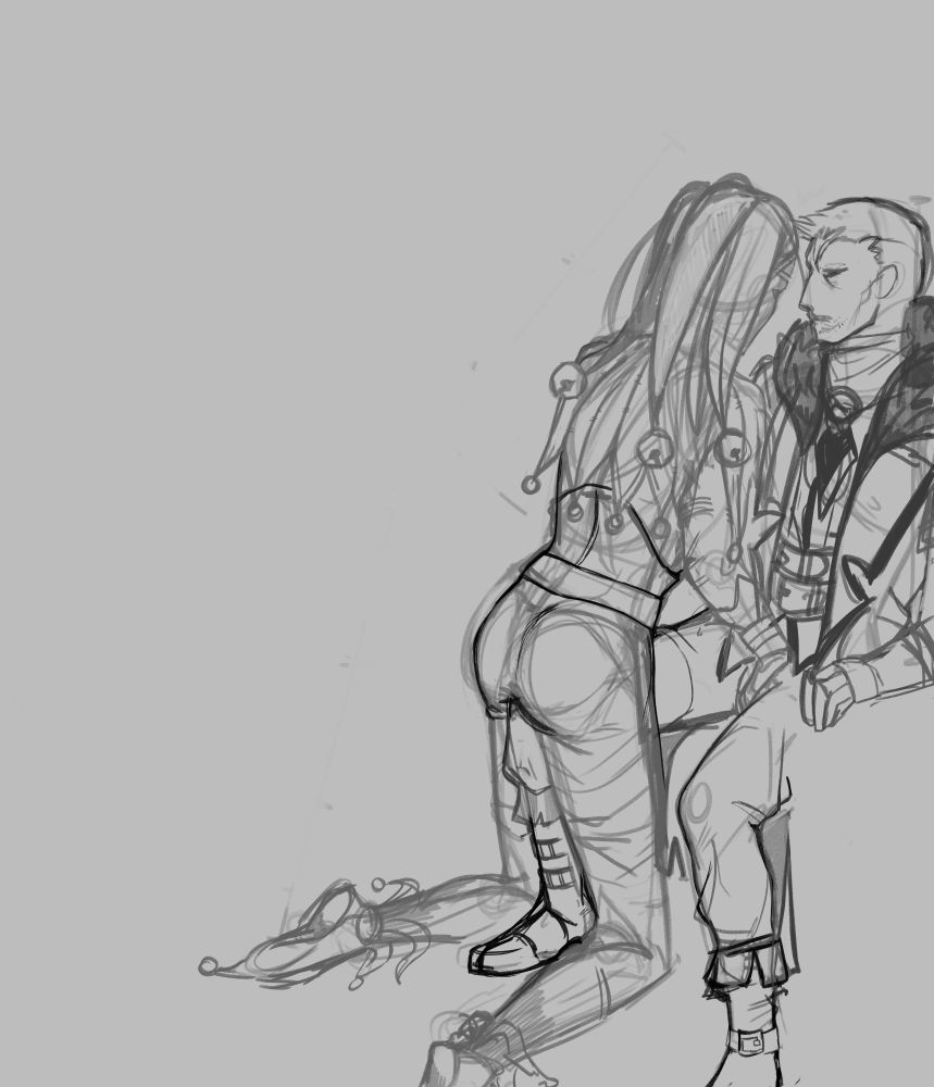 work in progress of Jester and Highwayman characters from the game Darkest Dungeon 2 ( DD2 ) and Darkest Dungeon 1. The Jester is on his knees rubbing the Highwayman's crotch through his pants as they are both seated [ in a carriage but thats not dont yet ]. 