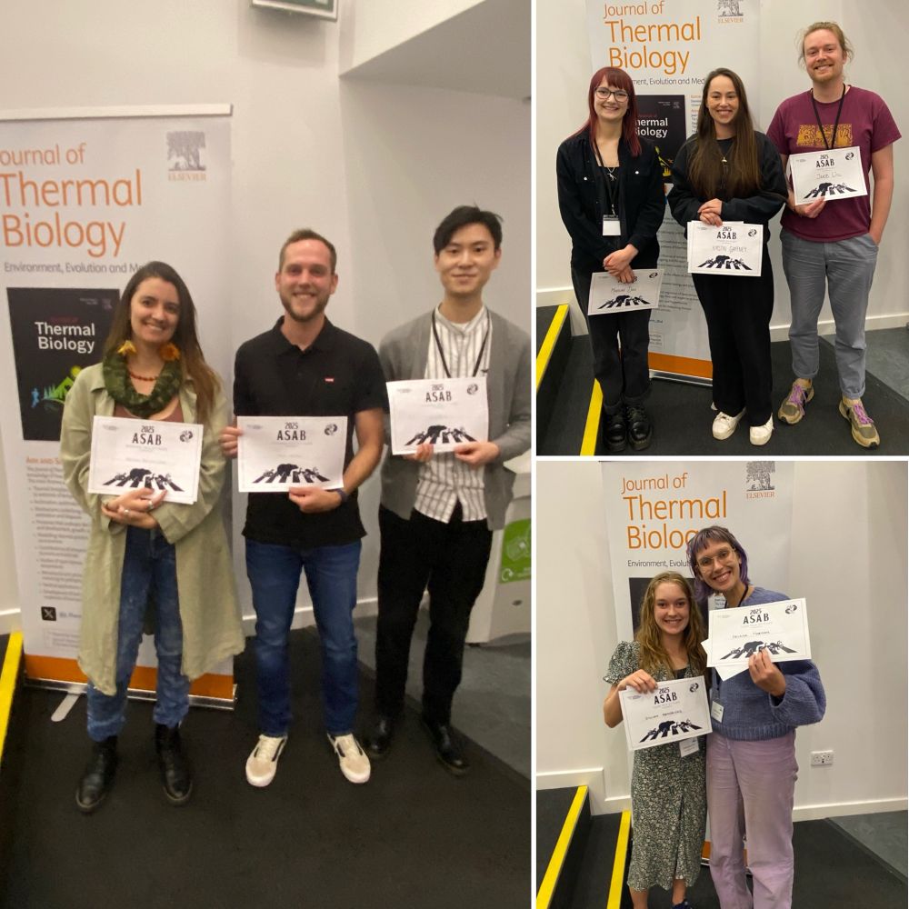 Shots of the winners holding their certificates in front of the journal of thermal biology banner