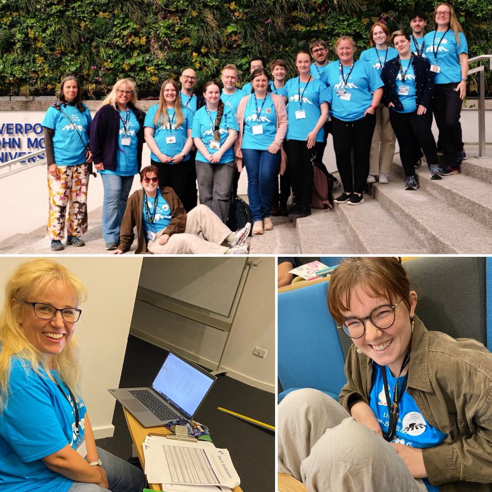A collage with the volunteers in blue t shirts, Susi at worn at the computer and Isla with her knees up in the auditorium 
