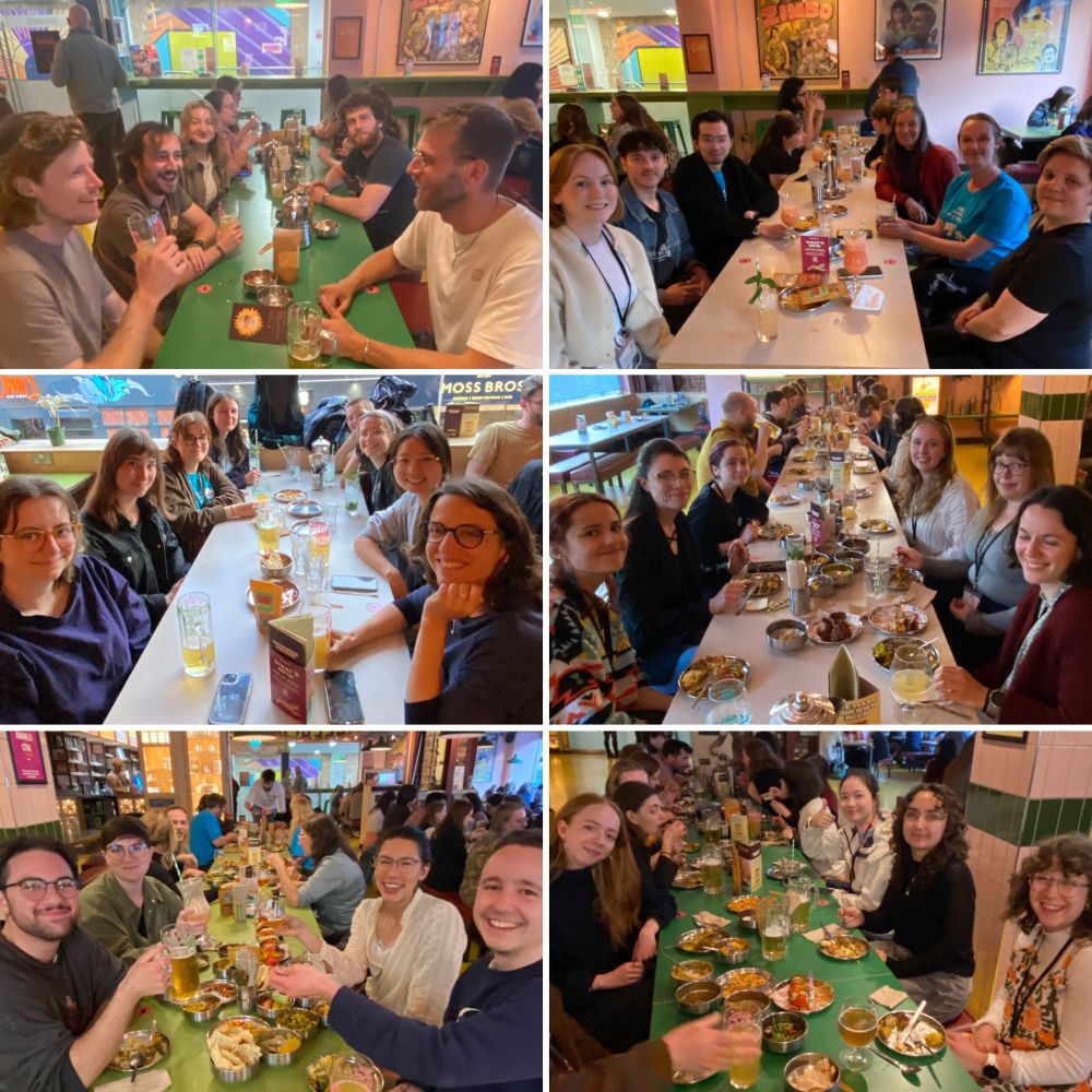 A collage of folks at tables with Indian street food 