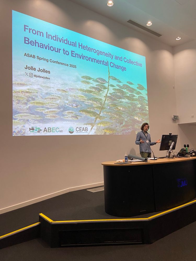 Jolle in front of a slide of schooling fish reading  “From Individual Heterogeneity and Collective Behaviour to Environmental Change
ASAB Spring Conference 2025”