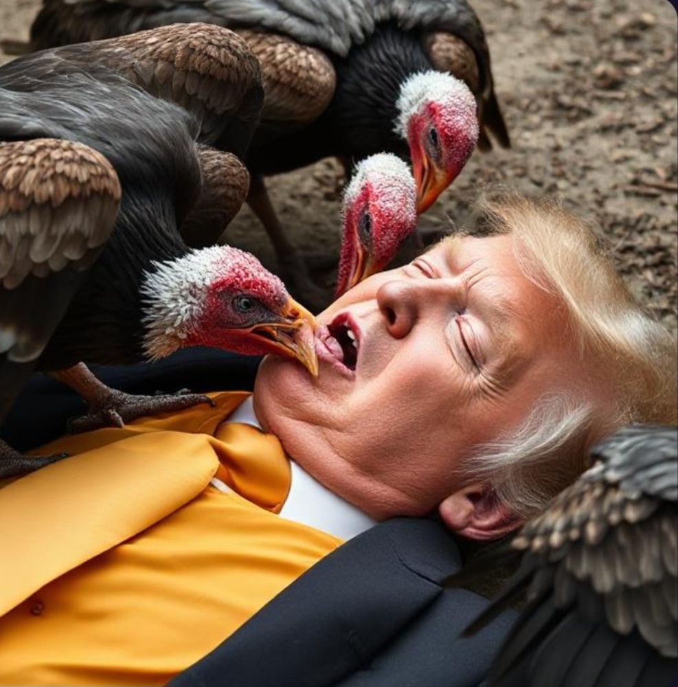 Vultures pecking at Donald Trump's face as he lay deader than a doornail on the ground.