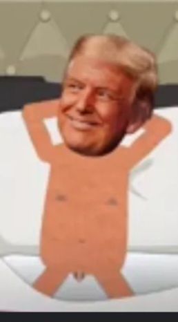 Screenshot from South Park showing Donald Trump naked in bed with Satan, with a tiny little mosquito-bite of a penis.