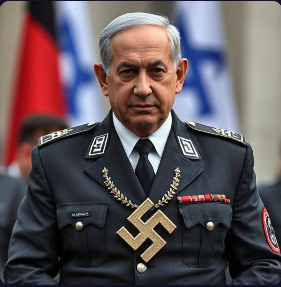 Benjamin Netanyahu wearing a Nazi officer's uniform and a swastika.