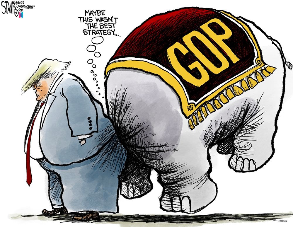 A political cartoon of the Republican party symbol, an elephant, with its head up Donald Trump's ass. The quote reads: 