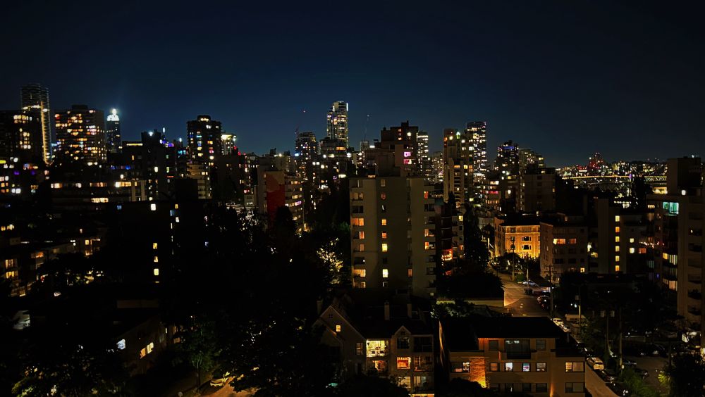A view of Vancouver’s West End skyline at night capturing the city lights.