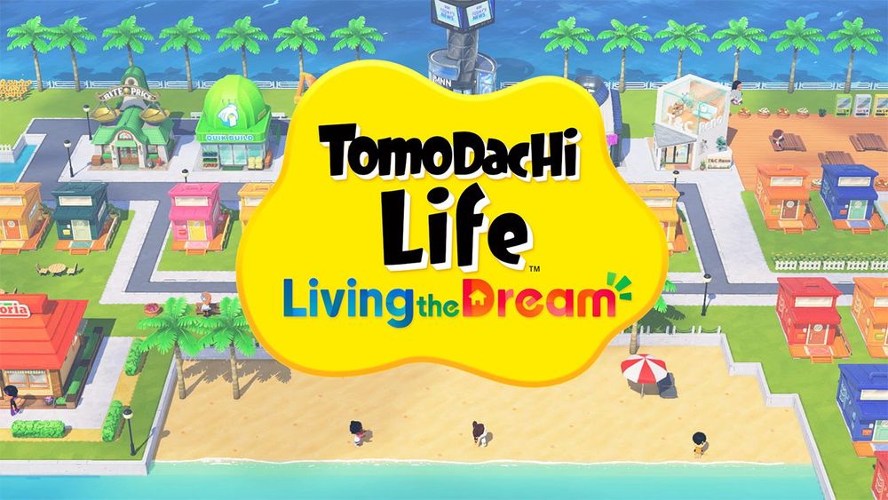 Imagem promocional do jogo “Tomodachi Life: Living the Dream” com um cenário colorido de ilha tropical ao fundo. Há construções variadas, palmeiras, uma praia de areia clara e o mar ao fundo. No centro, destaca-se um grande balão amarelo com o título do jogo.