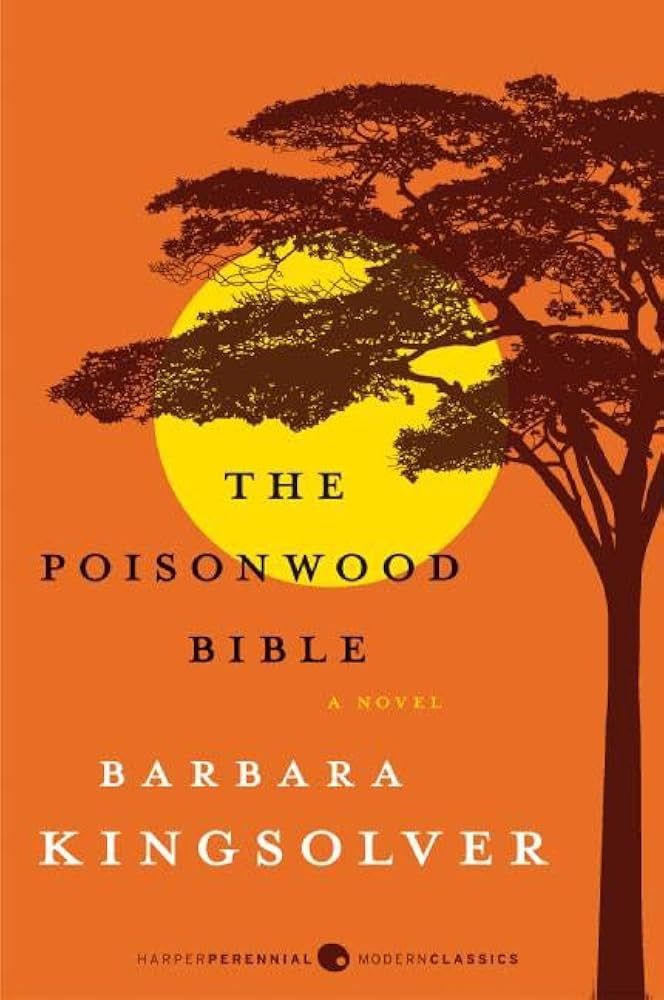 A book cover for The Poisonwood Bible by Barbara Kingsolver. An orange background with a tall backlit tree and large yellow sun