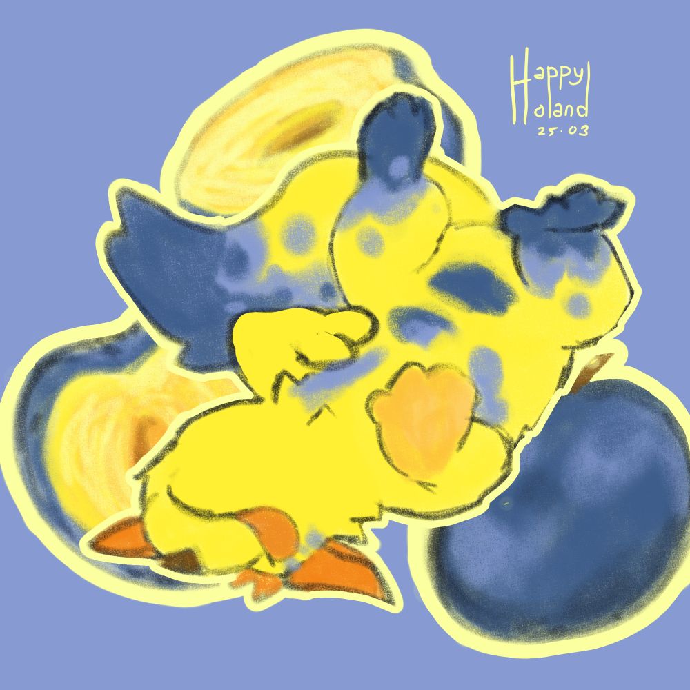 a drawing of camando's sona with blue plums 
