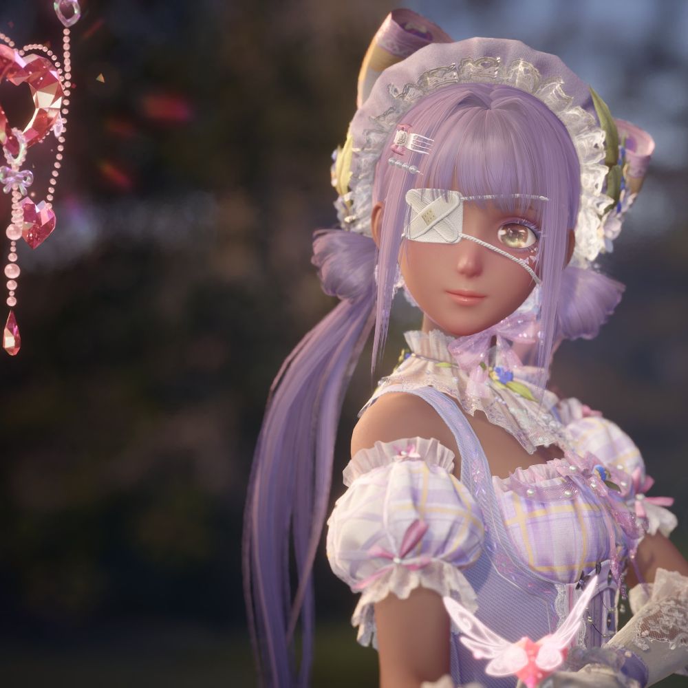 up close of my nikki with lavender twintails, an eyepath, and country sweet lolita attire. the dress is lavender mostly with lace white frill. she looks to the left side. 