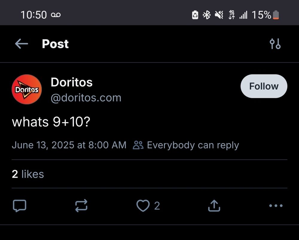 doritos official bluesky account posted "whats 9+10?" at 8:00 AM on June 13th 2025