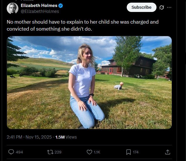 Twitter post by Elizabeth Holmes. “No mother should have to explain to her child she was charged and convicted of something she didn’t do.” The photo depicts Holmes and an infant sitting in a field in front of a distant house.
