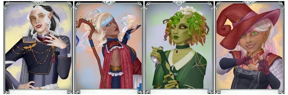 Strixhaven portraits of a dhampir, an elf, a dryad, and a gnome. 