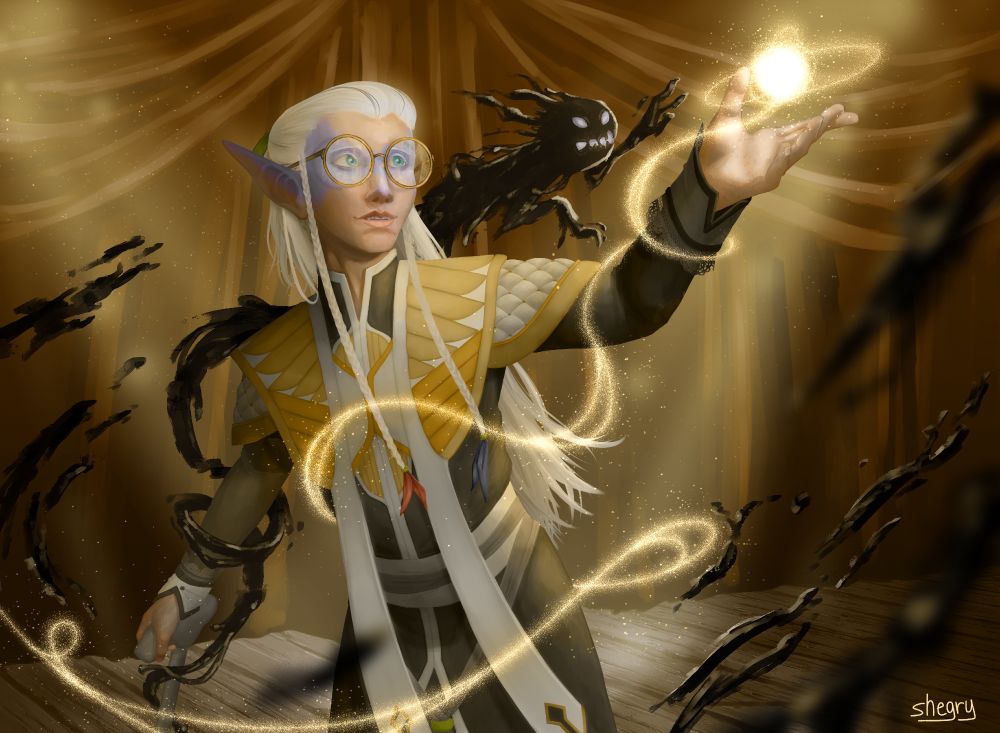 An elven man casts a spell while bathed in golden light. He stands with a crutch and has his other hand extended, with the ball of magic pooling in his hand. Over his shoulder his shoulder is a creature made from ink. The background is a stage.