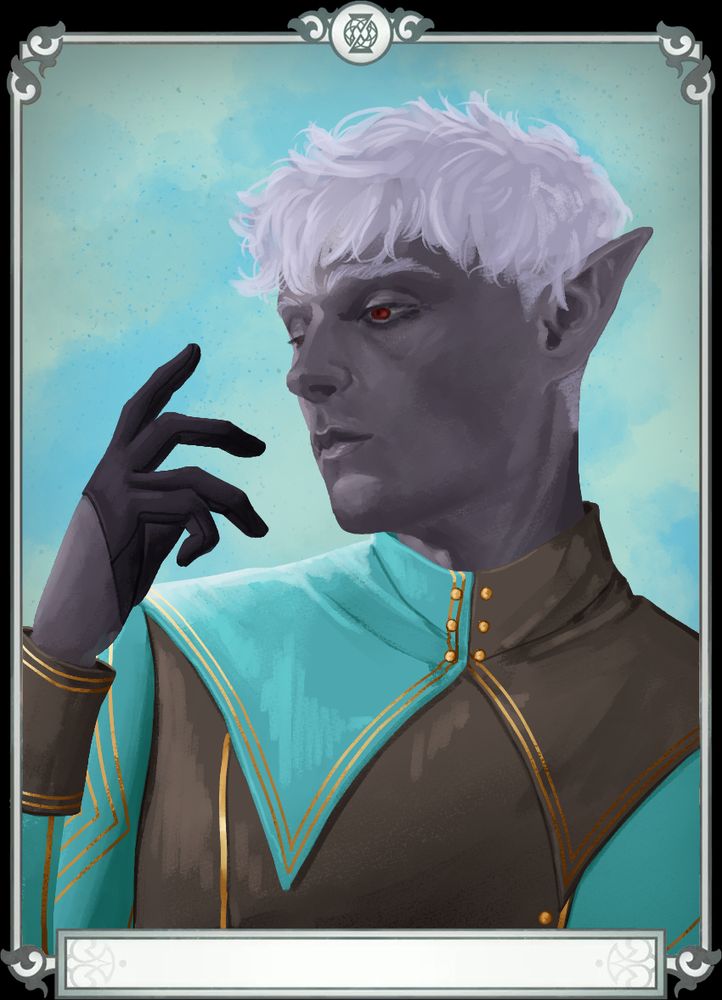 A school portrait of a drow elf with short hair staring at his lifted hand. He wears a tight-fitting blue and brown coat and a black glove.